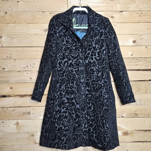 DESIGUAL Pea Coat Size 40 US Size 8 Damask Brocade Tapestry Black - Picture 1 of 15